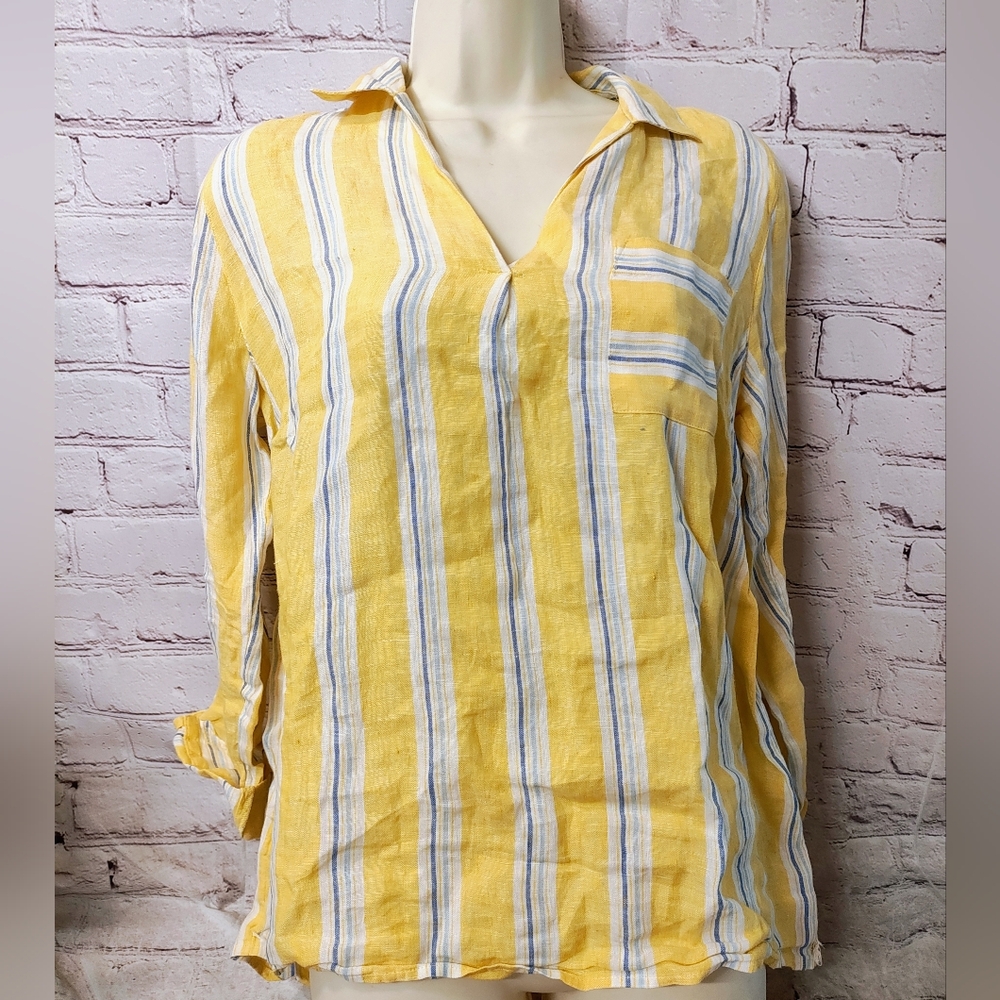 J.Jill Love Linen 100% Linen Yellow Long Line Beachy Tunic Pop Over Top Small